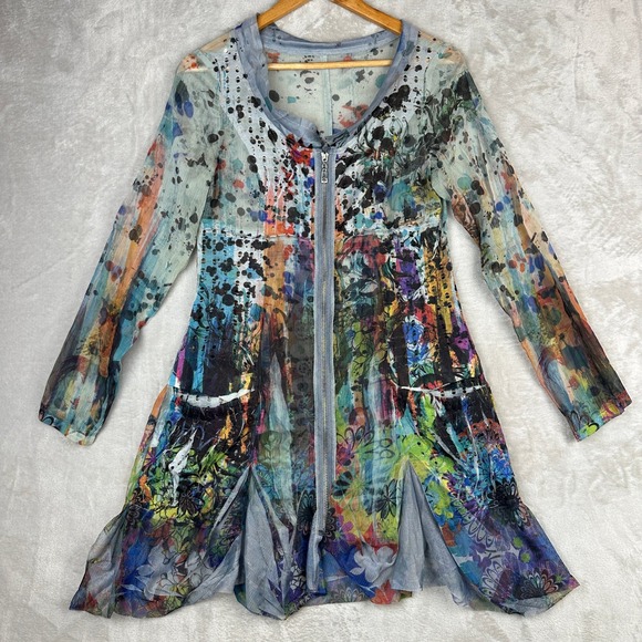 Fleur de Lis Collection Tops - Fleur De Lis Colorful Watercolor Inspired Zip Front Sheer Tunic Top Size Small
